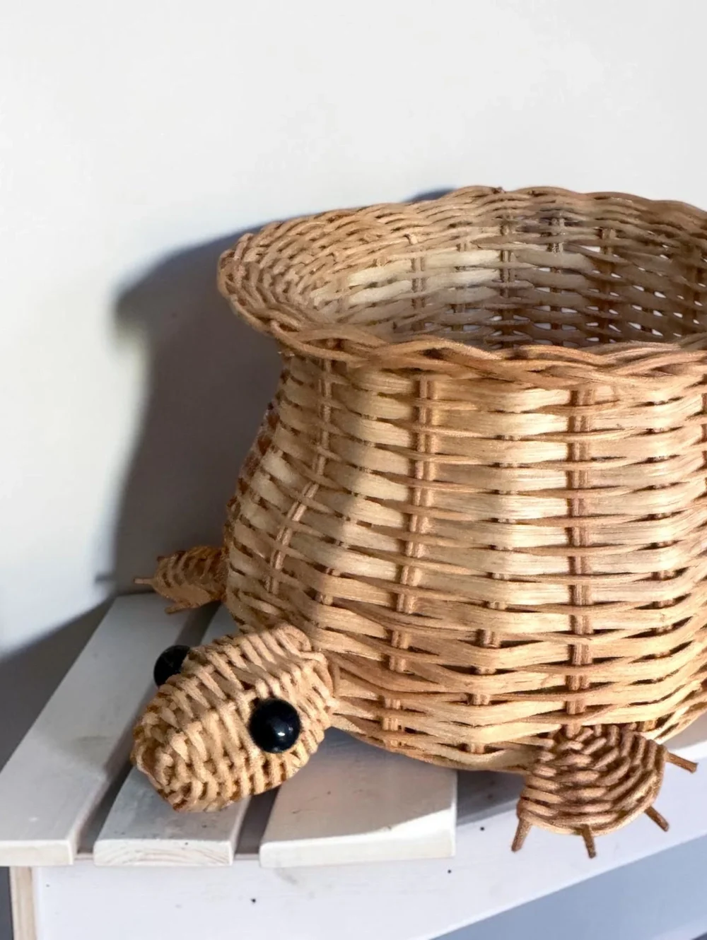 Vintage Wicker Turtle Basket with Black Bead Eyes, Mid-Century Handmade Rattan